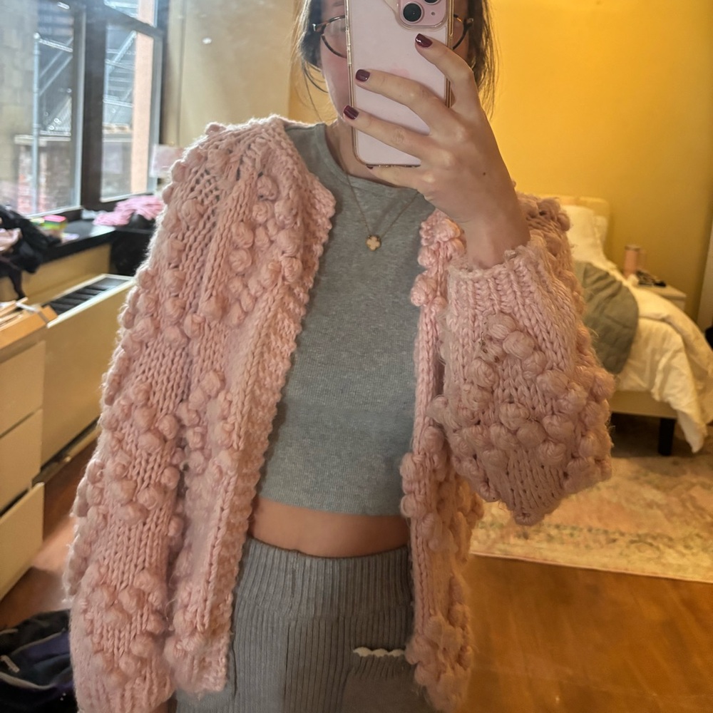 Pink wool blend heart cardigan